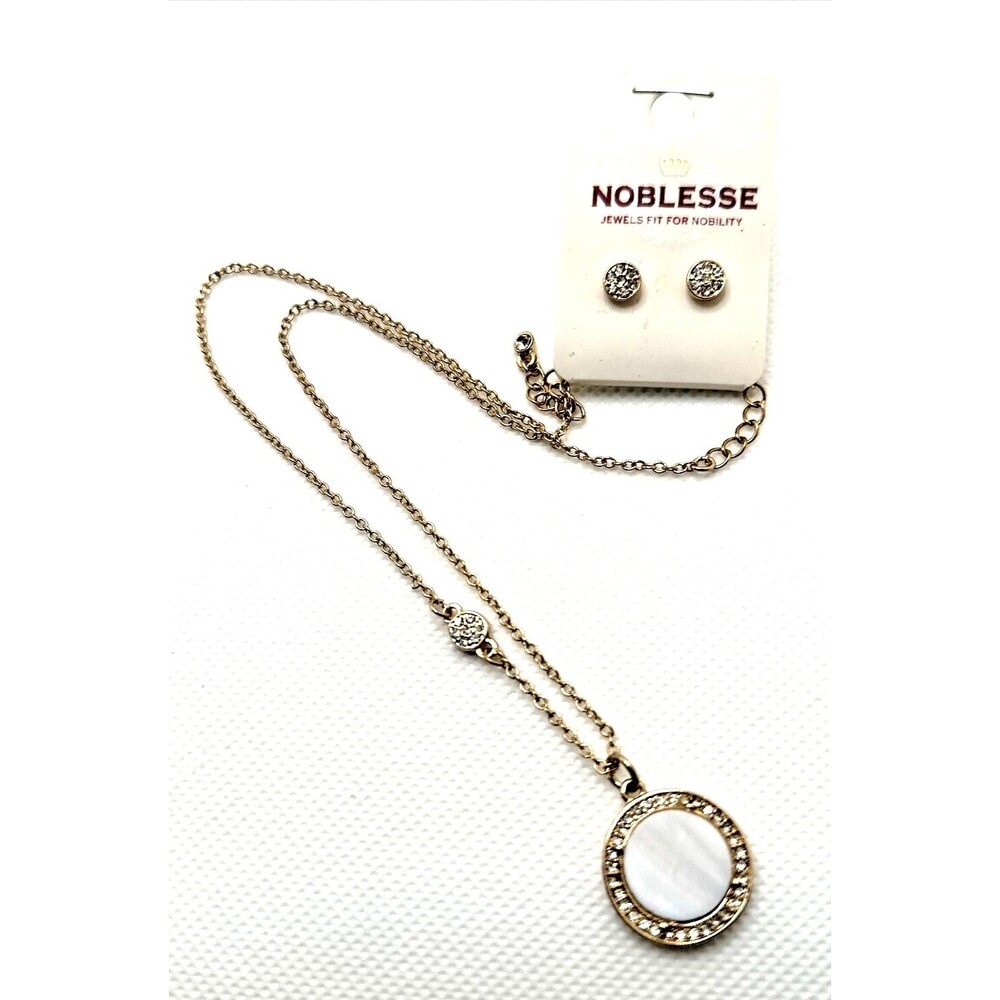 New Noblesse Mother of Pearl Necklace Earrings Set Rhinestone Gold Tone NWT